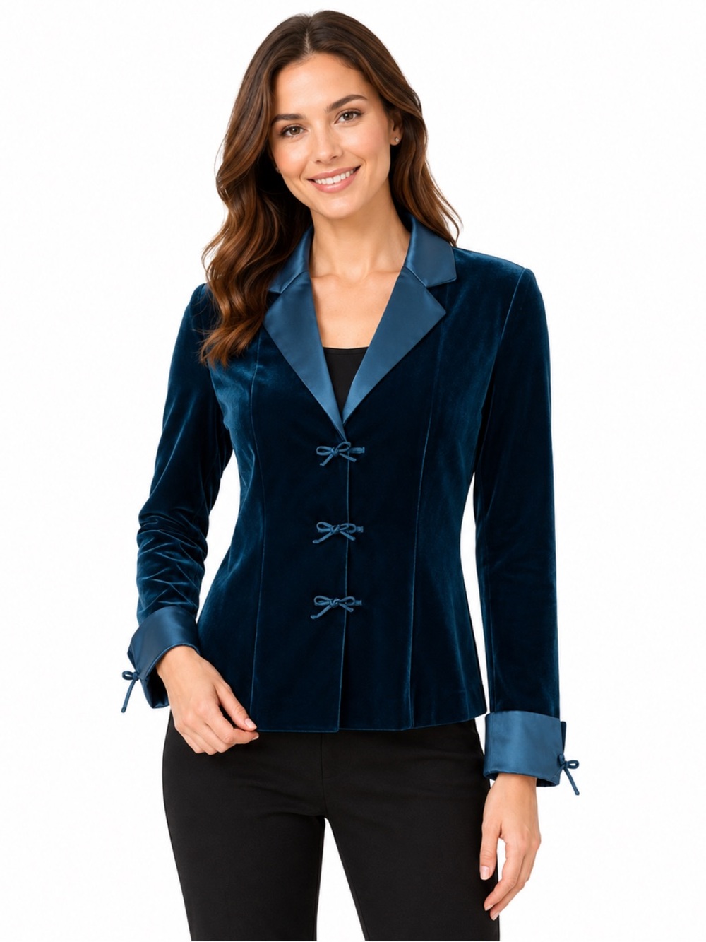 NWT Coldwater Creek Teal Velvet Satin Bow Blazer Jacket Size 6P